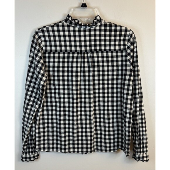 SEZANE Louise Button Up Shirt Black White Gingham 38 Ruffle Cotton Plaid Classic - Picture 4 of 14